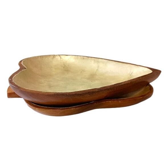 2 Capiz Shell Lined Monkey Pod Dish Set MCM Card Suit Bowls Acacia Spade Heart. - Picture 8 of 16